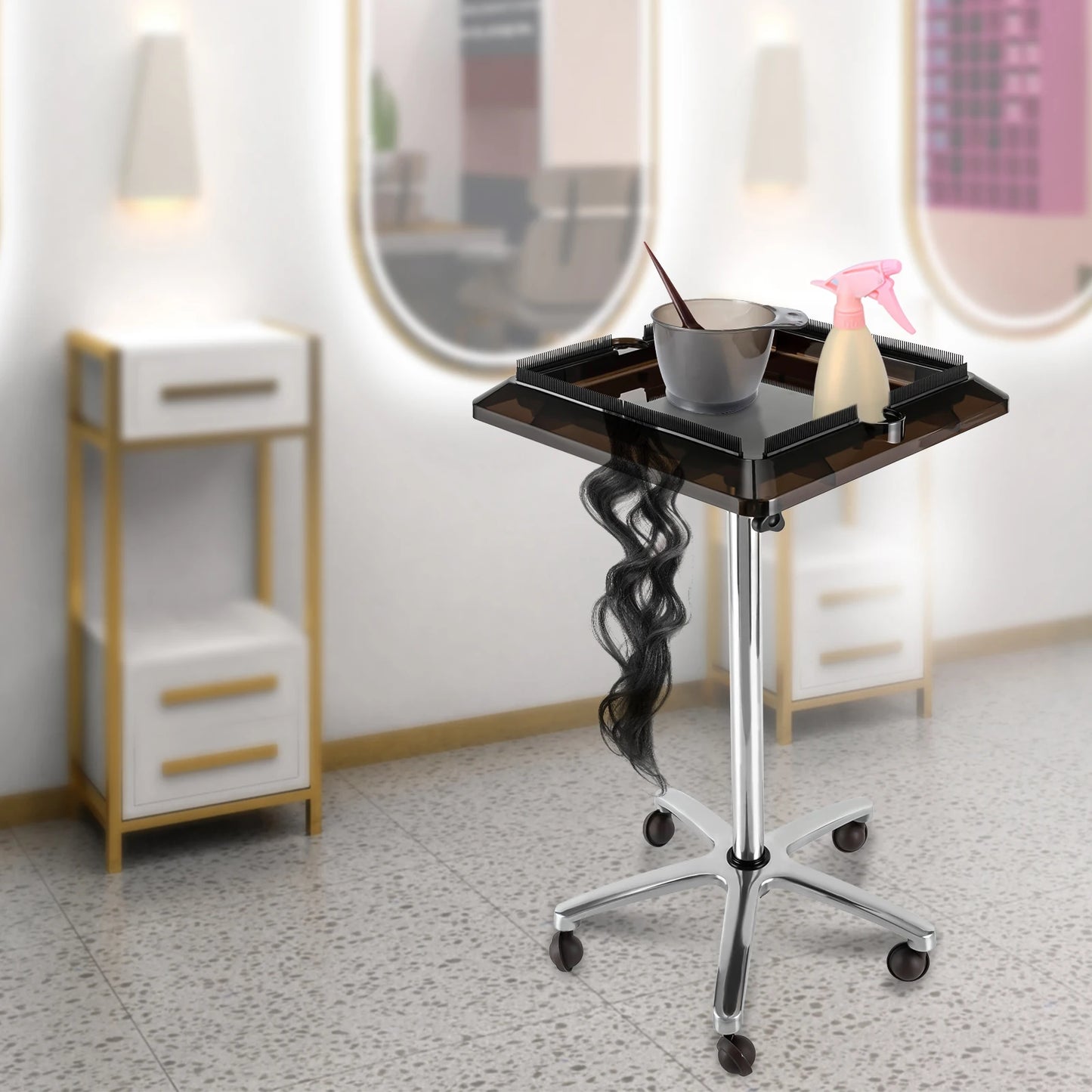 Adjustable Height Salon Tray Cart with Wheels Salon Rolling Tray Removable Hair Extension Tool Tray for Hairdressers Barber Tool