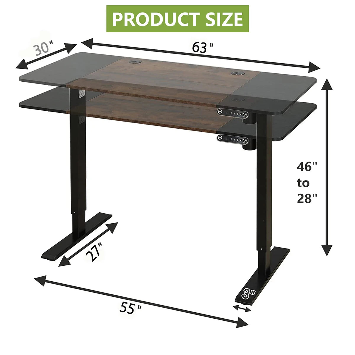 bilbil Electric Height Adjustable Standing Desk,Computer Desk, Electric Lifting Desk, Gaming Desk, 63 x 30 Inches