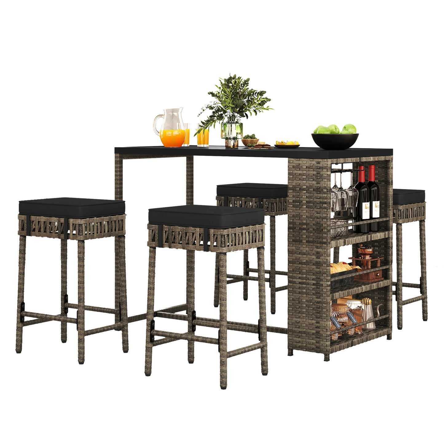 5-Piece Outdoor Bar Table Set, Wicker Patio Furniture Sets w/ 4 Stools, Table