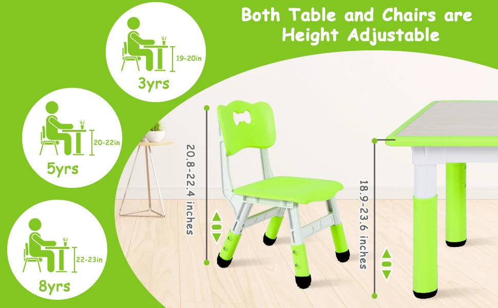 AOOU 47.2‘’ Kid Table and 4 Chairs Set, Height Adjustable Toddler Study Table&Chair Set for Age 2-10, Multi-Activity Art Table