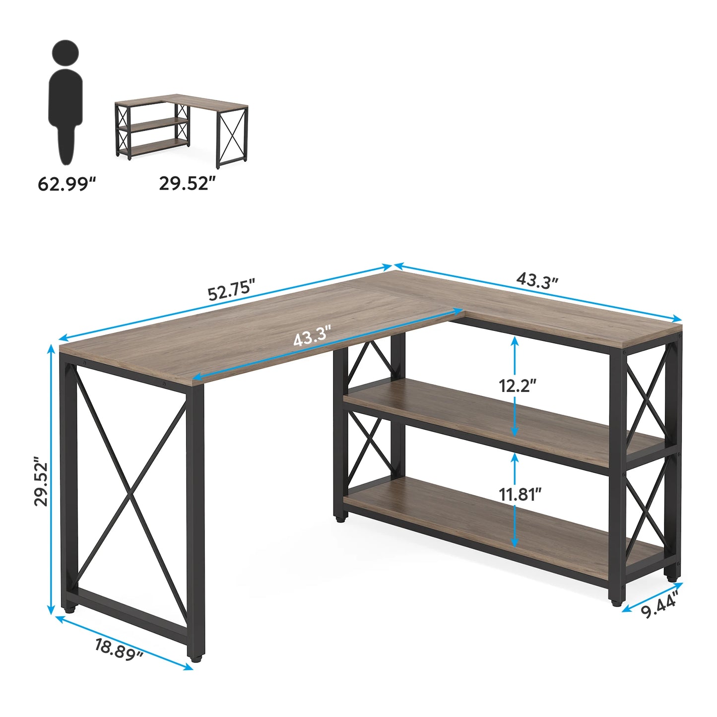 Tribesigns Reversible Industrial L-Shaped Desk with Storage Shelves, Corner Computer Desk PC Laptop Study Table Workstation