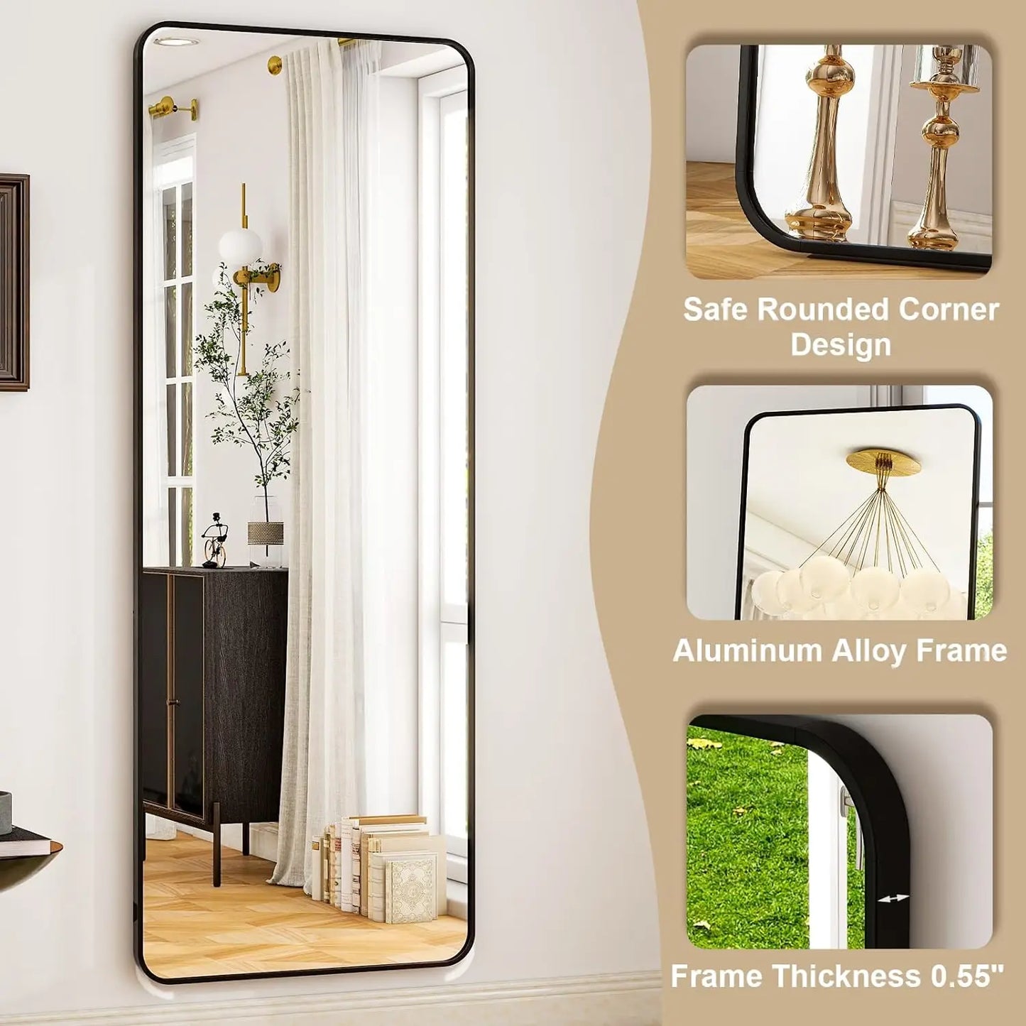 64"x21“ Rounded Full Length Mirror Aluminum Frame Mirror Full Length Floor Mirror with Stand for Living Room Bedroom Cloakroom