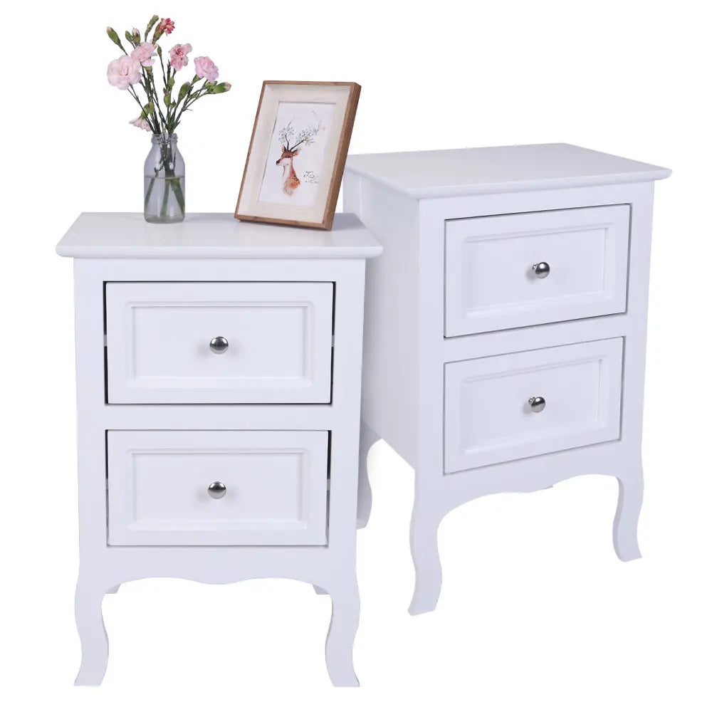 2pcs Country Style Nightstand 2-Tier Night Tables Large Size Bedside Table End Table White/Grey/Brown[US-W]