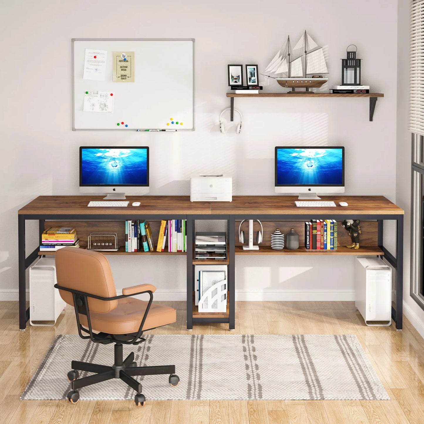 Tribesigns Two Person Desk with Bookshelf, 78.7 Computer Office Double Desk for Two Person, Rustic Writing Desk Workstation