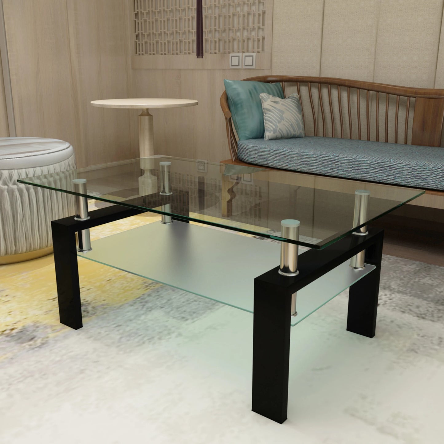 Rectangle Black Glass Coffee Table, Clear Coffee Table, Modern Side Center Tables for Living Room, Living Room Furniture