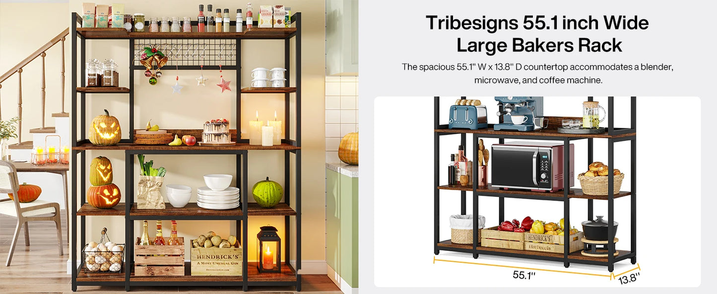 Tribesigns Large Bakers Rack, 55" Wide Kitchen Hutch Cabinet Microwave Stand with 11 Hooks, 5-Tier Baker’s Rack Kitchen Shelf