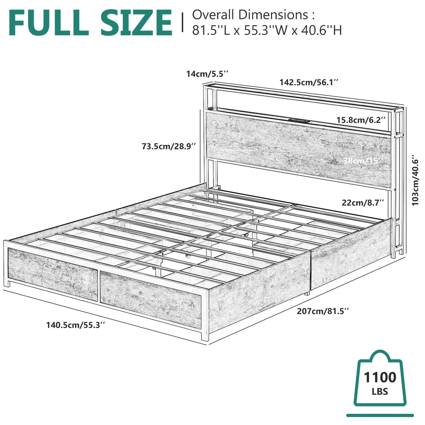 Queen/Full Bed Frame with Charging Station & Led Lights, Platform Bed Frame with 4 Storage Drawers and Headboard