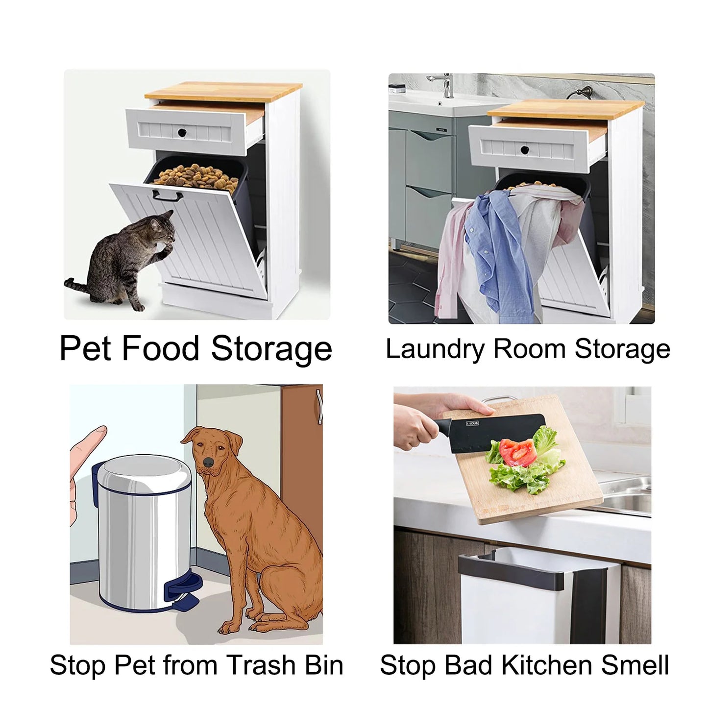 Trash Cabinet Tilt Out Freestanding, Pet Proof Kitchen Trash Cabinet Laundry Hamper with Cutting Board, Hideaway Trash