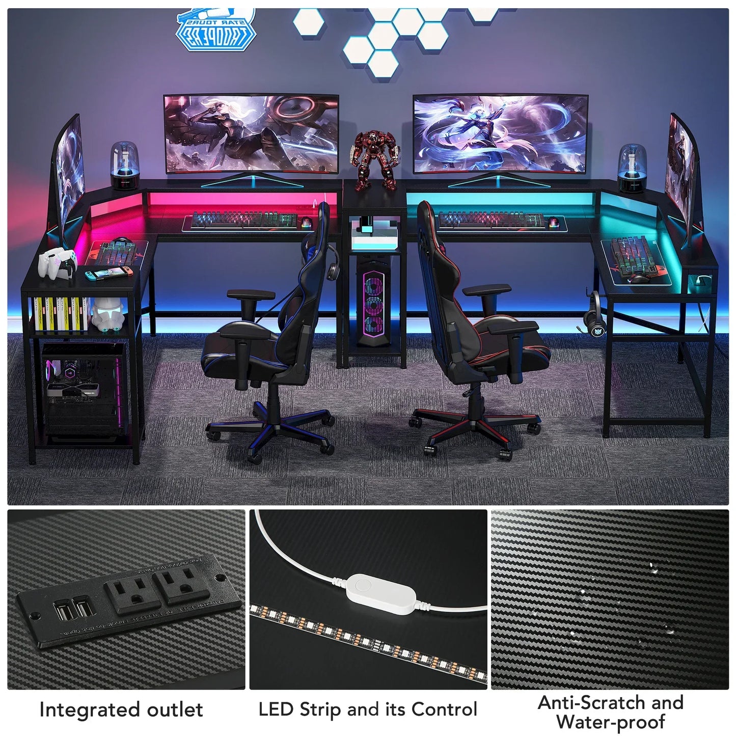 Tribesigns Black Gaming Desk with Power Outlets & LED Strips, L-Shaped Computer Desk with Storage Shelves, Writing Desk