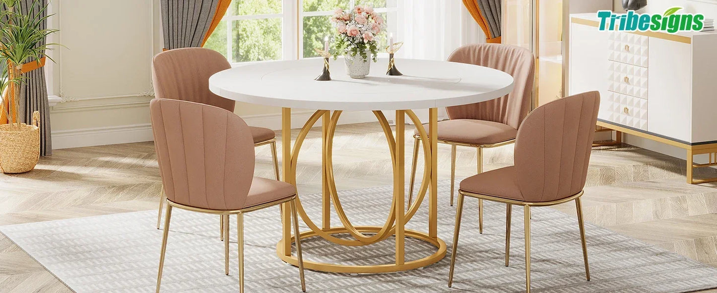 Tribesigns Modern Round Dining Table for 4, 47 Inch White Kitchen Table with Gold Base, Wood Dinner Table