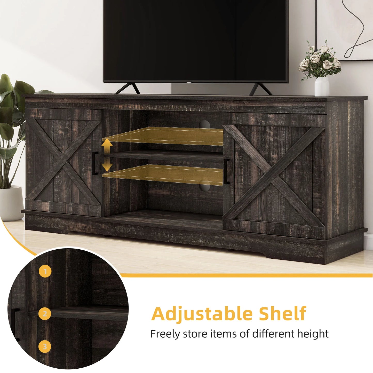 Farmhouse Rustic TV Stand Cabinet for Up to 65" TV Media Console Entertainment Center