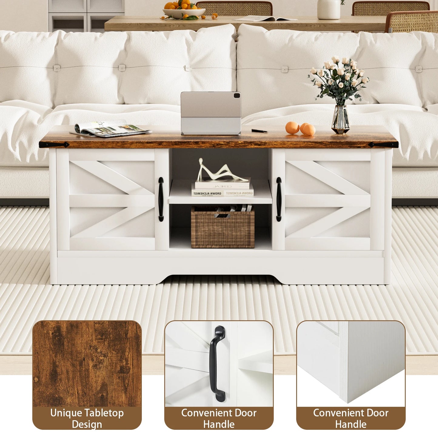 Coffee Table With Barn Doors, Farmhouse Center Table With Storage, Modern Rustic Style Wooden Living Room Table, White