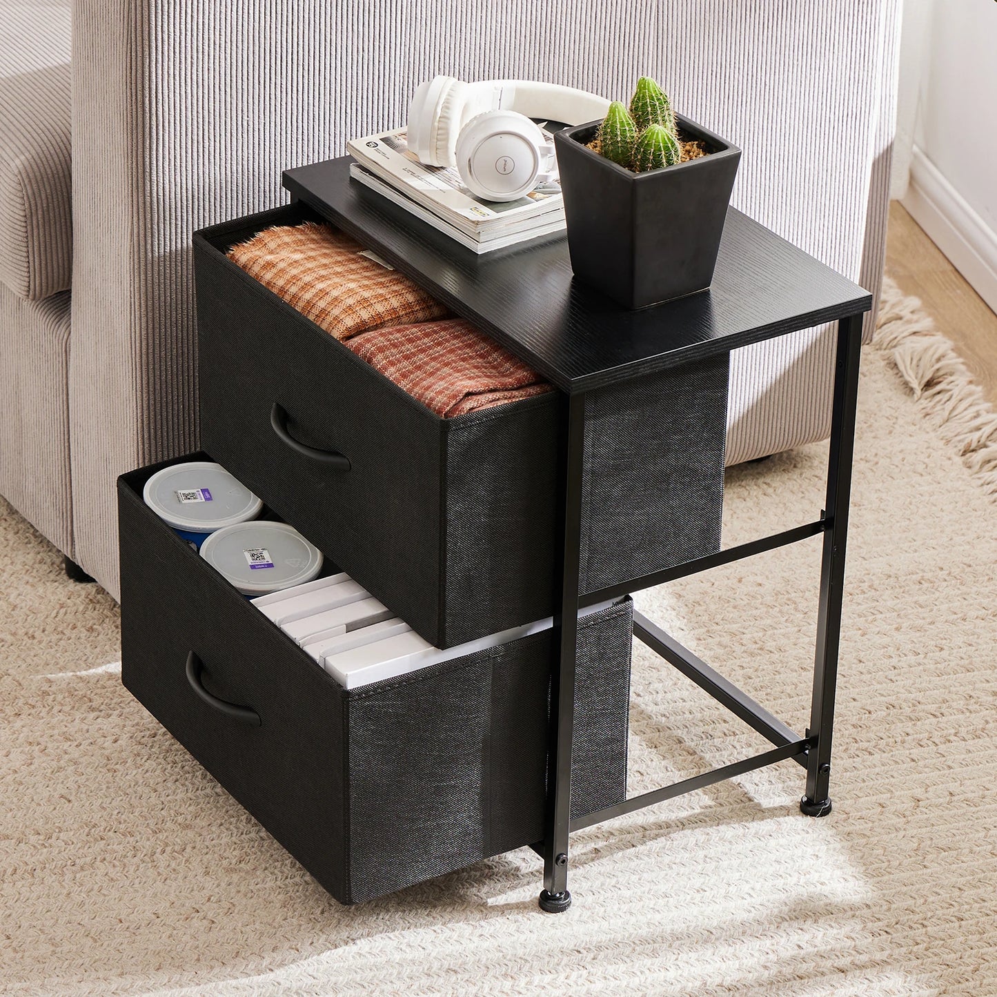 JHK Nightstand For Bedroom With 2 Fabric Drawers Bedside Sofa Table With Storage Closet Chest Clothes Display Cabinet Furniture