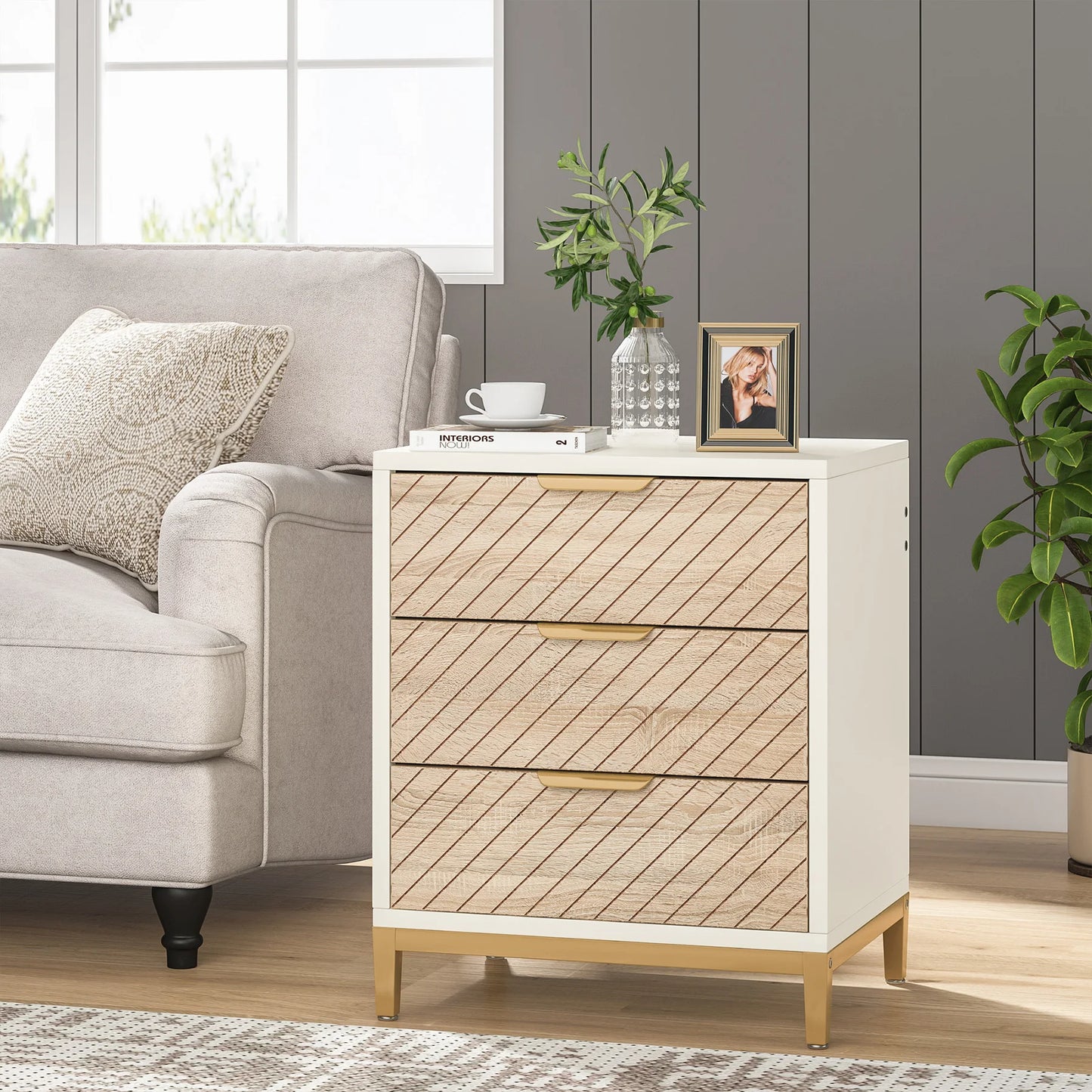 Tribesigns Night Stands for Bedrooms, White and Gold Light Wood Grain Nightstands with 3 Drawers Bedside Tables