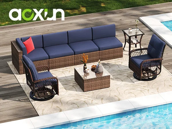 8-Piece Outdoor Patio Furniture Set -Sectional Wicker Rattan Conversation Set with Swivelling Chairswith Small physiques- Blue