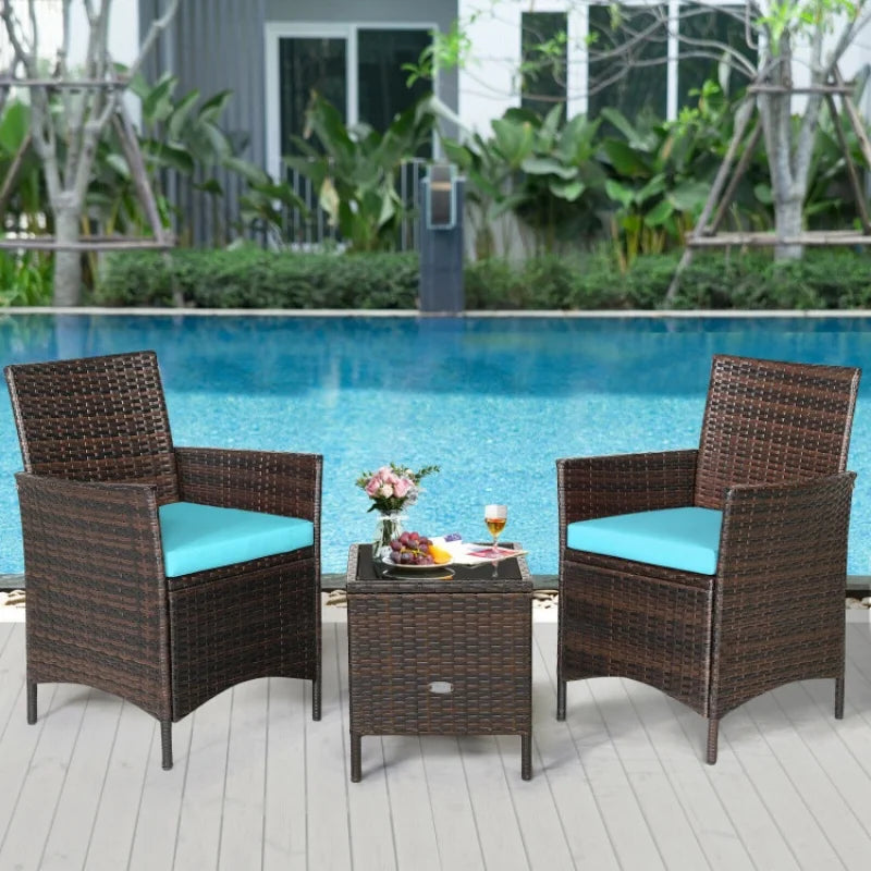 3 pcs Patio Cushioned Rattan Converstaion Set With Glass Table Top Humanized Design All-weather Furniture Set for Outdoor Life