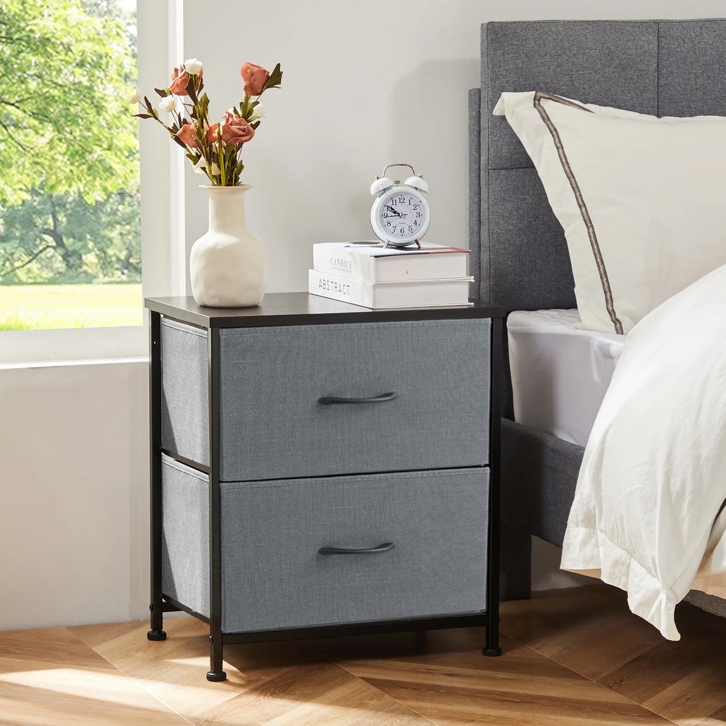 JHK Nightstand For Bedroom With 2 Fabric Drawers Bedside Sofa Table With Storage Closet Chest Clothes Display Cabinet Furniture