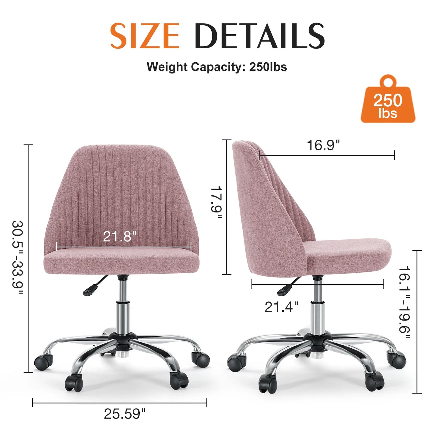 JHK Armless Small Desk Office Chair Cute Vanity Swivel Chair with Back Modern Fabric with Wheels Swivel Task Home Computer Chair