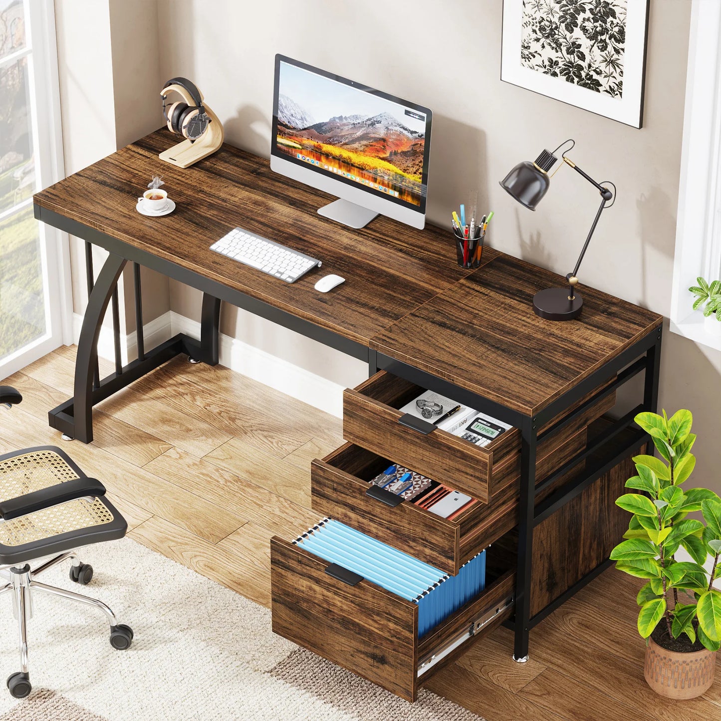 Tribesigns Computer Desk with 3 Drawers, 59-Inch PC Desk with Reversible Drawers, Industrial Study Writing Table Workstation