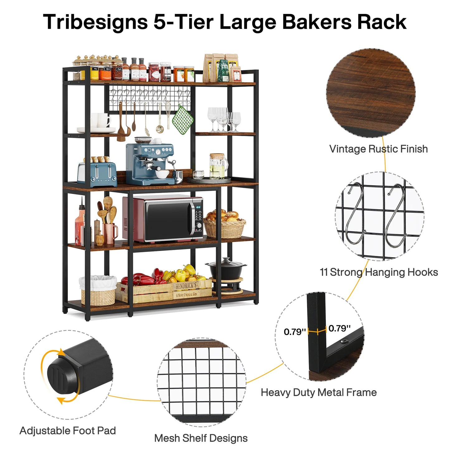 Tribesigns Large Bakers Rack, 55" Wide Kitchen Hutch Cabinet Microwave Stand with 11 Hooks, 5-Tier Baker’s Rack Kitchen Shelf