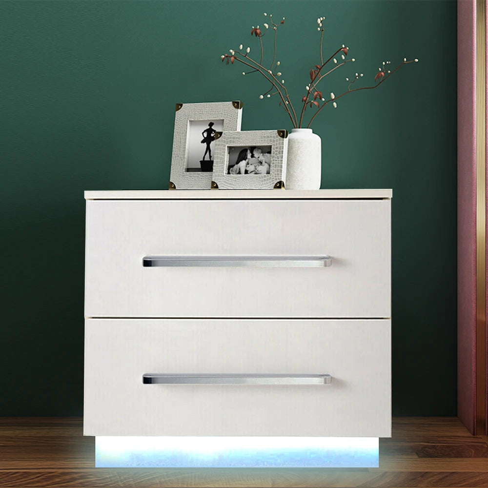 CNCEST Modern Bedside End Table with LED Light Bedside Nighstand Table with 2 Drawers Remote Control for Light Colors Changing