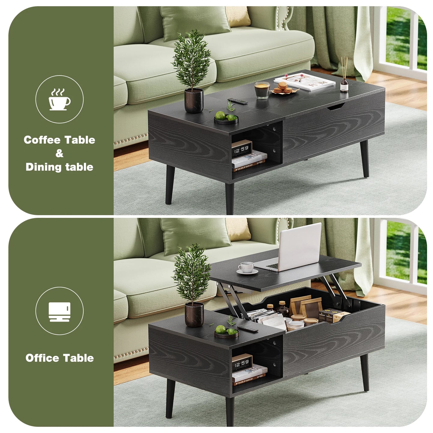 JHK Lift Top Coffee Tables 39.37"x19.7" Wood Dining Tables For Living Room With Adjustable Storage Shelf Easy To Lift Or Lower