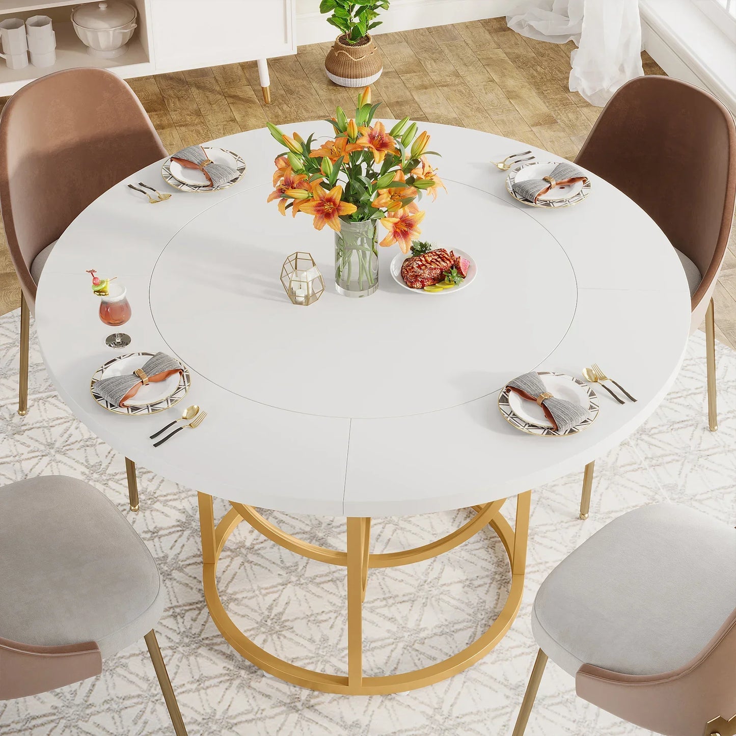 Tribesigns Modern Round Dining Table for 4, 47 Inch White Kitchen Table with Gold Base, Wood Dinner Table