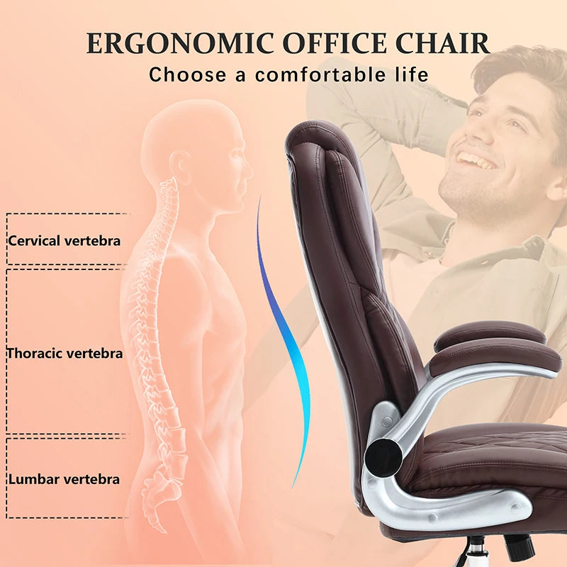 Ergonomic Office Chair With Flip-Up Armrests And Wheels, Leather Rocking Executive Office Chair, Brown On-Site