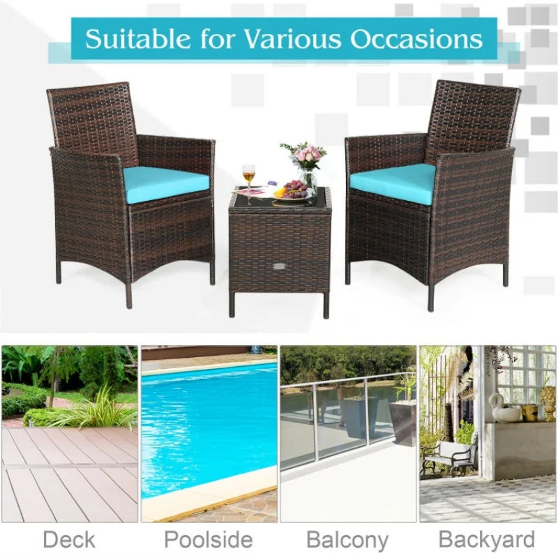 3 pcs Patio Cushioned Rattan Converstaion Set With Glass Table Top Humanized Design All-weather Furniture Set for Outdoor Life