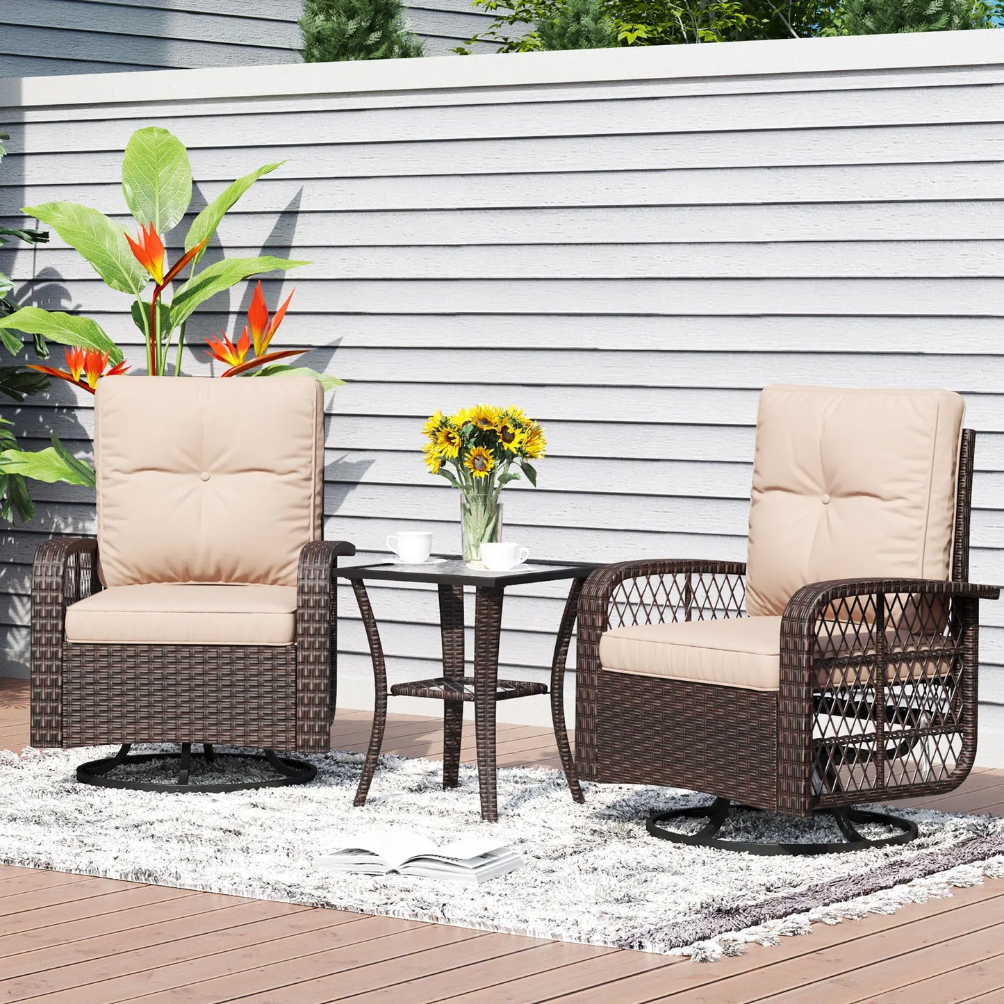 3 Pieces Patio Set Wicker Rattan Swivel Rocker Chairs Set of 2 with Small Side Table Patio Bistro Set with Rocking Chairs