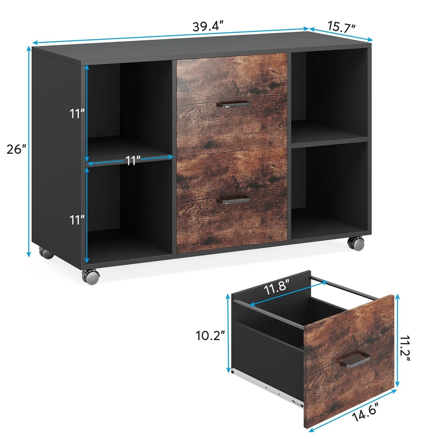 Tribesigns 2 Drawer Wooden File Cabinet Large Mobile Lateral Filing Cabinet Printer Stand with Shelves and Rolling Wheels