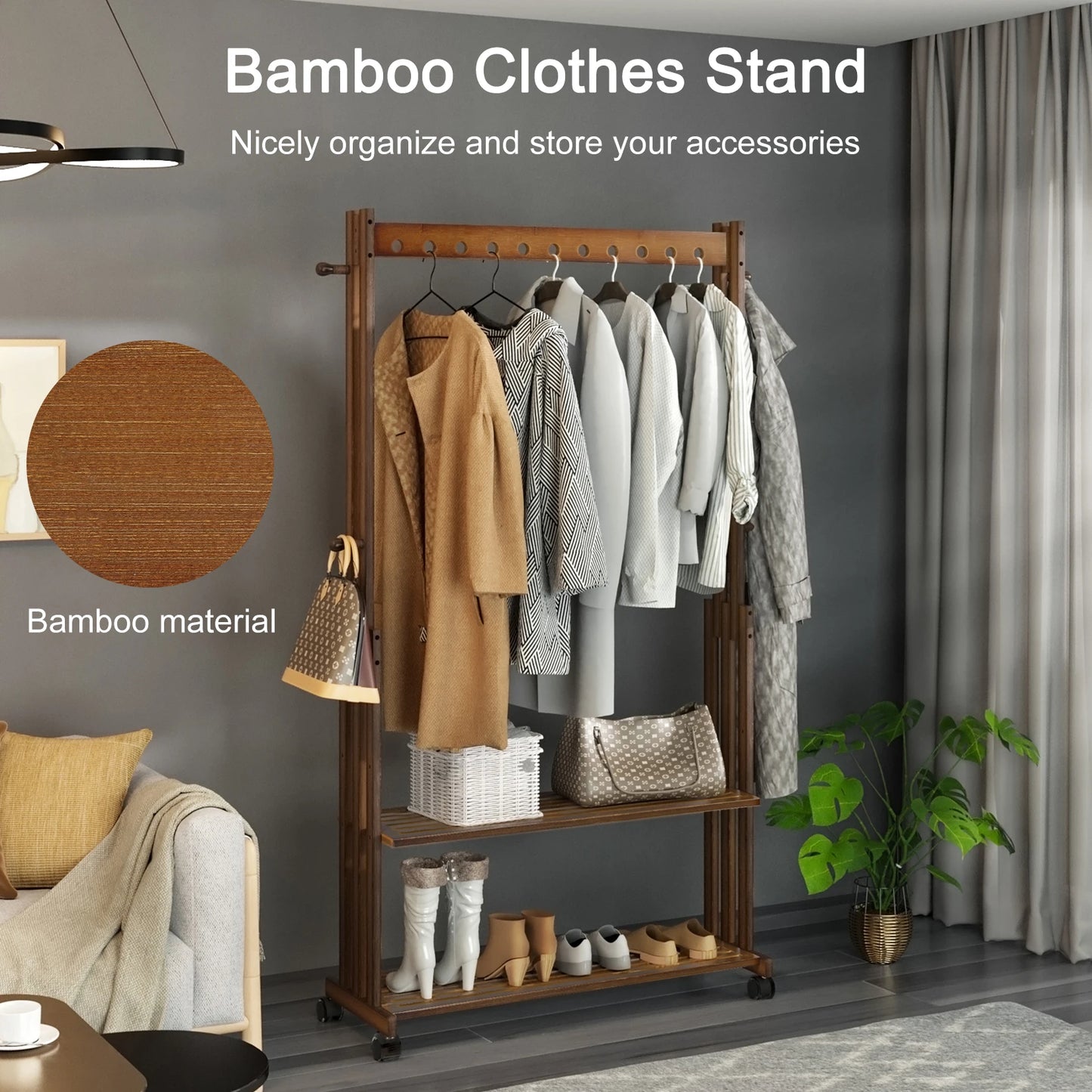 Vintage Heavy Duty Wooden Clothes Stand Freestanding Rack Shelf Home Bedroom Hallway Entryway Bamboo Hanging Rail Shoe Storage