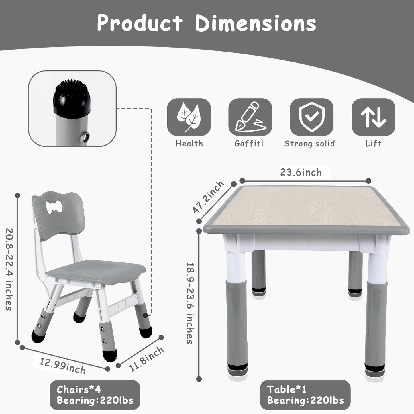 AOOU 47.2‘’ Kid Table and 4 Chairs Set, Height Adjustable Toddler Study Table&Chair Set for Age 2-10, Multi-Activity Art Table