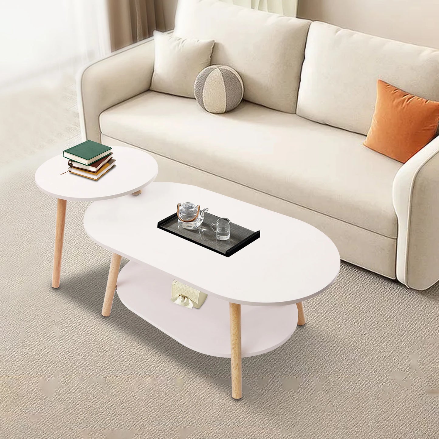 2 Tier Combination Coffee Table MDF Solid White Tea Table with Open Shelving for Storage and Display Modern Living Room