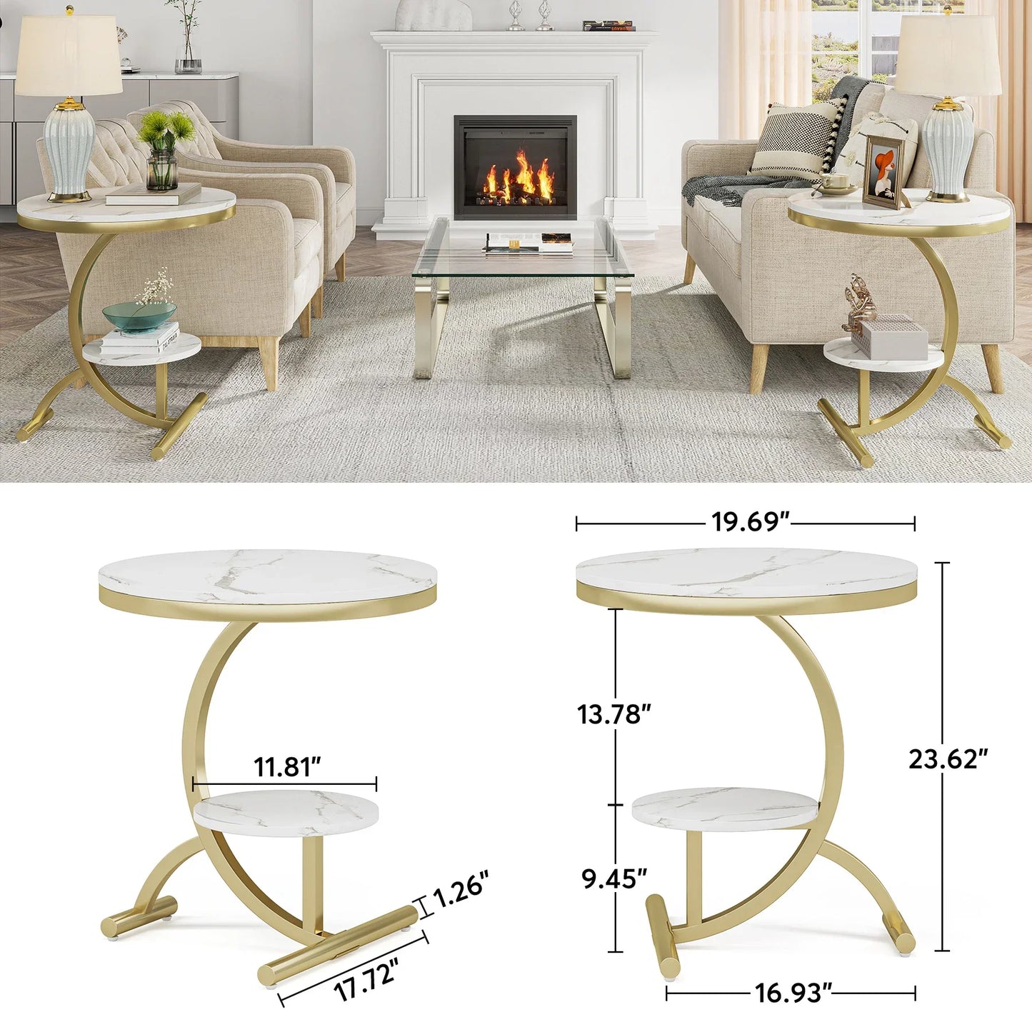 Tribesigns Faux Marble End Table, 2-Tier Round Sofa Side Table, 20'' Beside Table Storage Shelf C-Shaped Legs, Coffee Table