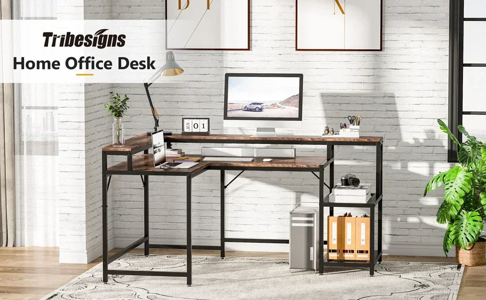 Tribesigns 69 Inch L Shaped Desk with Monitor Stand Large Reversible Corner Desk with Storage Shelf Industrial Computer Table