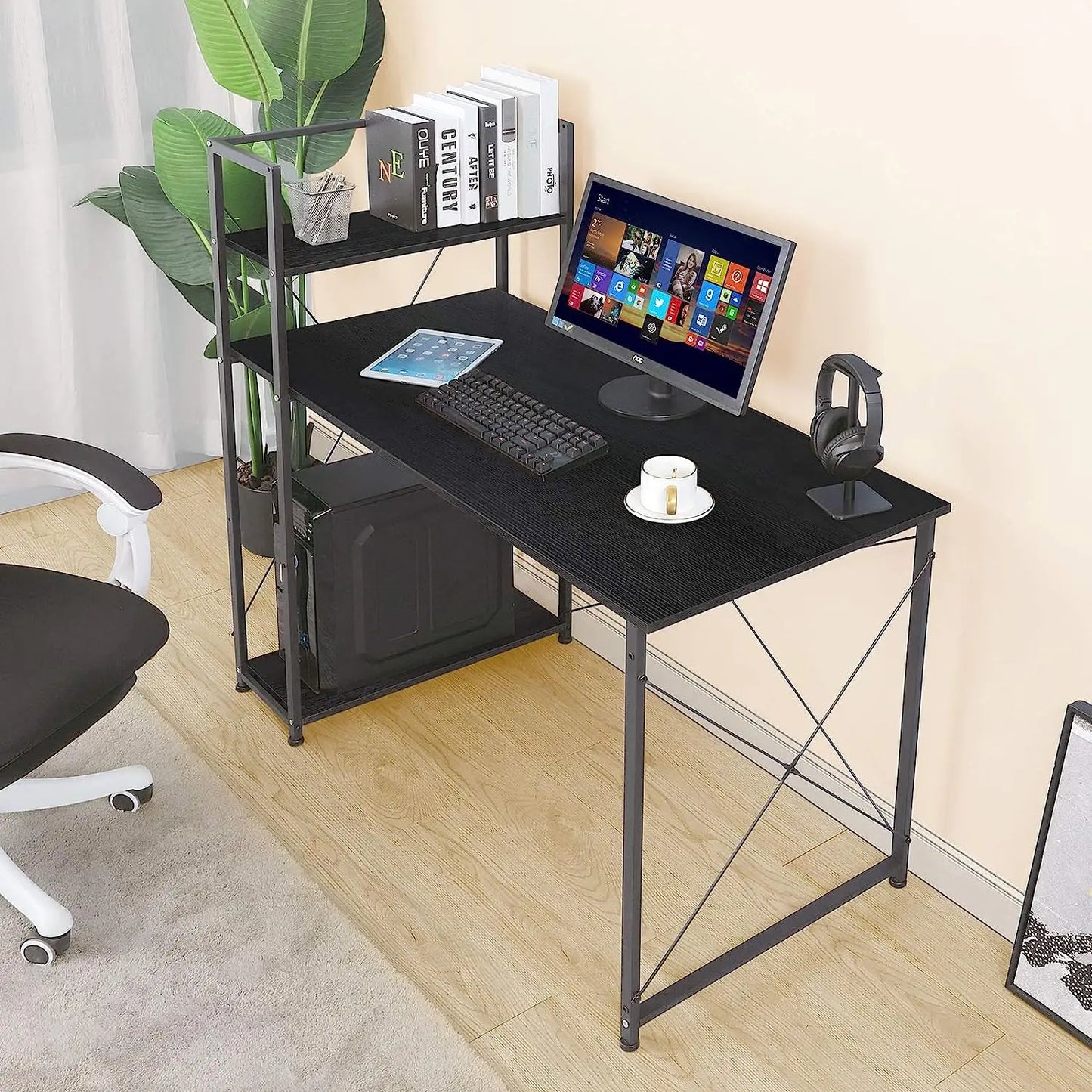 AOOU Computer Desk with 4 Tier Shelves, 47'' Study Writing Table for Home Office, Modern Compact Simple Workstation w/Reversible