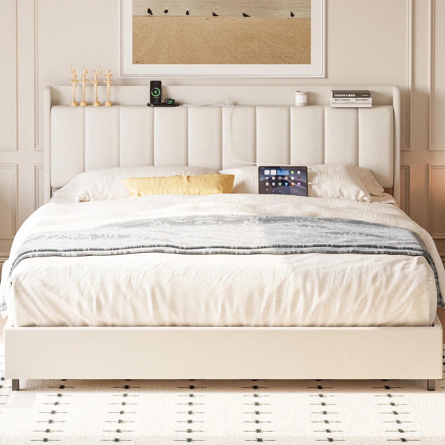 IRONCK King Size Bed Frame, Gas Lift Up Storage Bed with Power Outlets, Wooden Slat Support/No Box Spring Needed, White