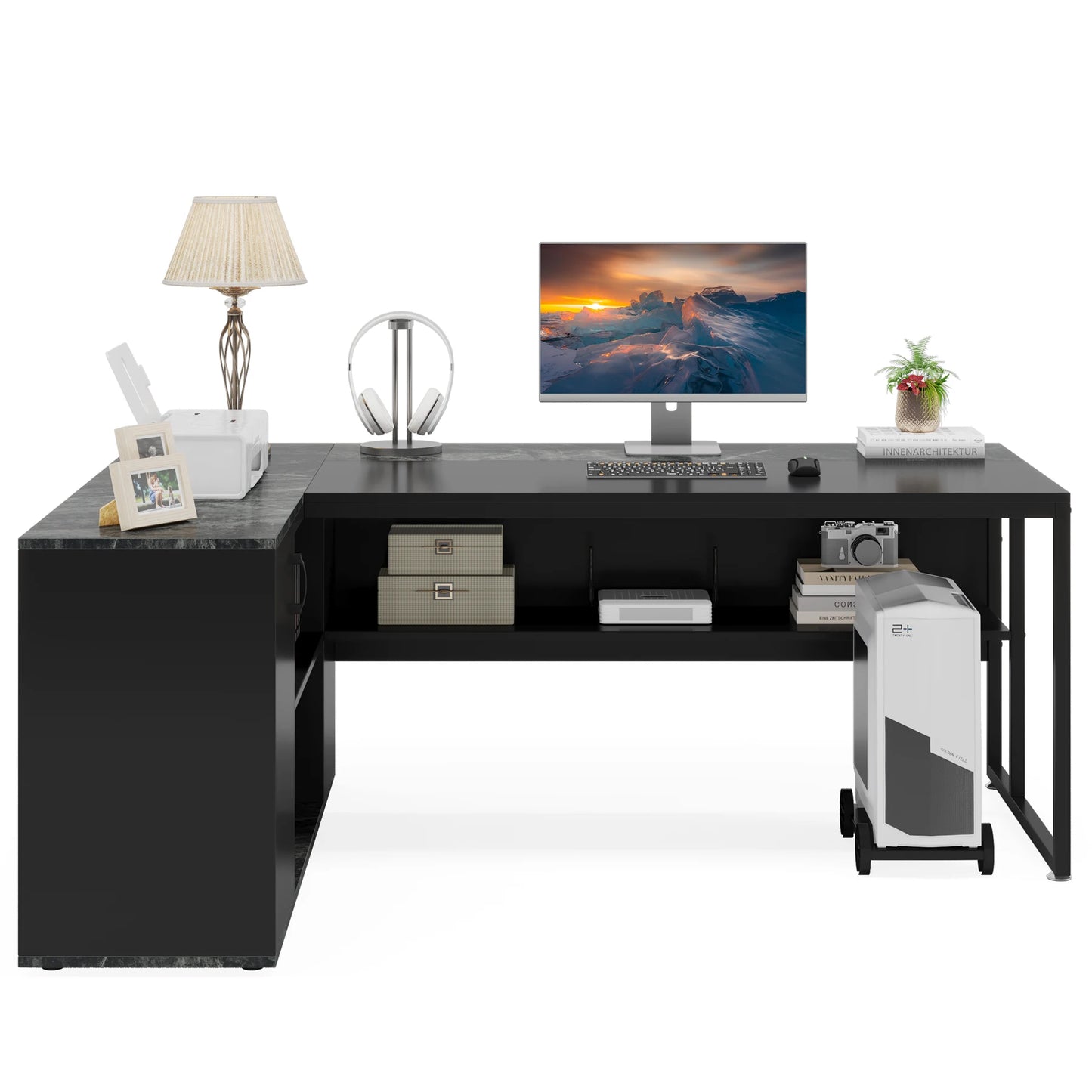 Tribesigns 71 inch Executive Desk, L Shaped Desk with Cabinet Storage, Executive Office Desk with Shelves