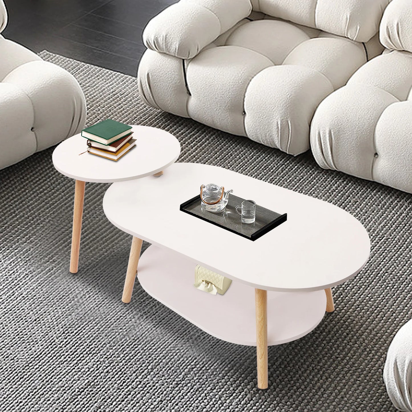 2 Tier Combination Coffee Table MDF Solid White Tea Table with Open Shelving for Storage and Display Modern Living Room