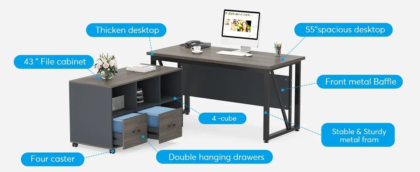 Tribesigns 55 inches Executive Desk and 43" lateral File Cabinet, L-Shaped Computer Desk Home Office Furniture