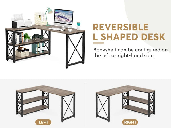 Tribesigns Reversible Industrial L-Shaped Desk with Storage Shelves, Corner Computer Desk PC Laptop Study Table Workstation