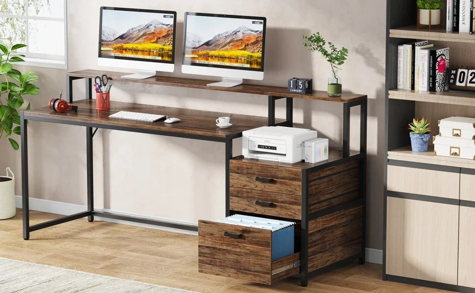 Tribesigns 63 Inch Computer Desk with File Drawer Cabinet, Ergonomic Office Desk with Monitor Stand, Industrial Computer Table