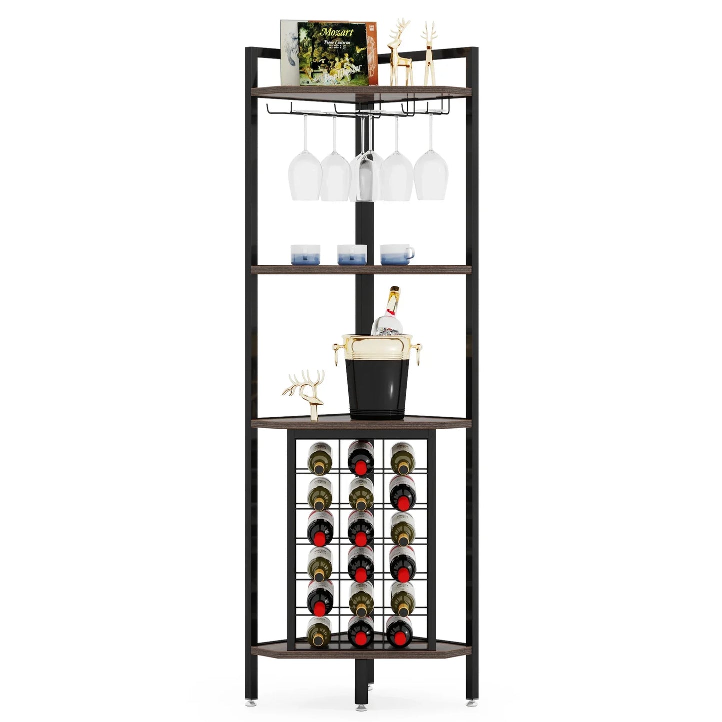 Tribesigns Wine Rack Bar Cabinet 4 Tier Corner Shelf with Glass Holder