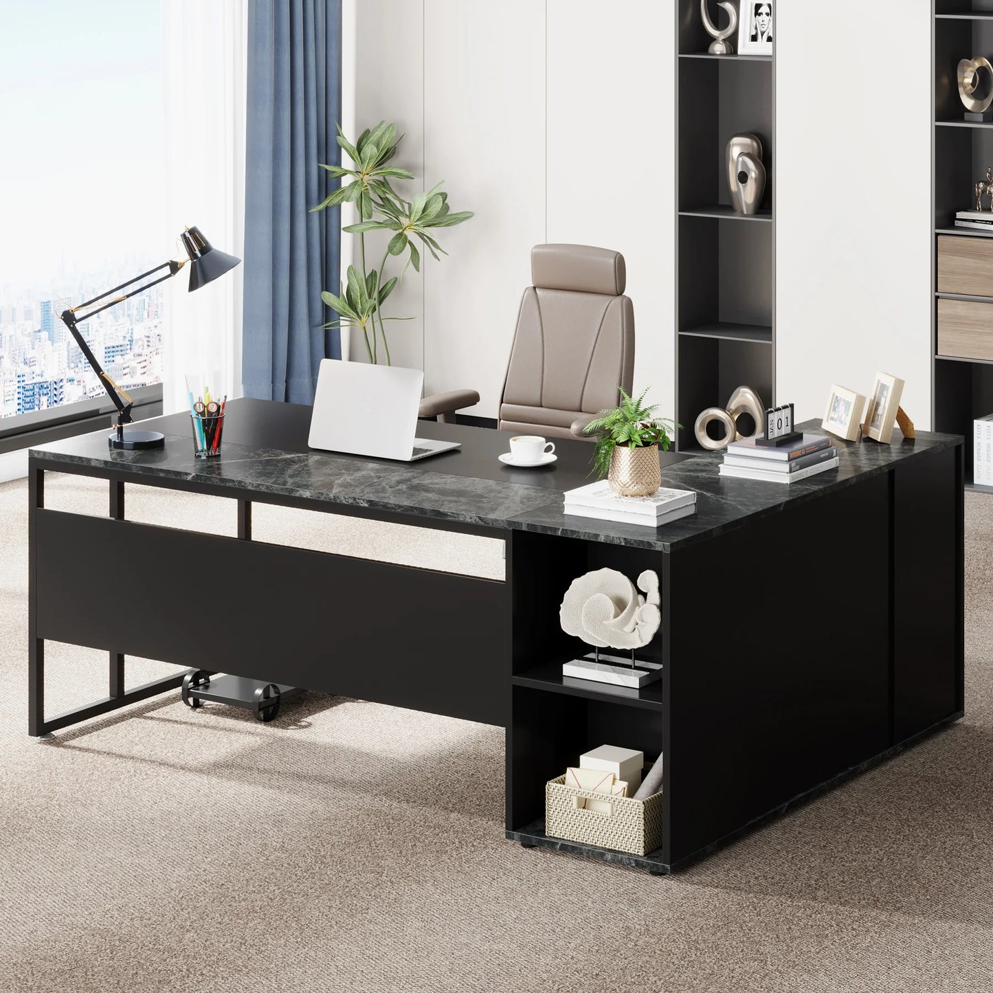 Tribesigns 71 inch Executive Desk, L Shaped Desk with Cabinet Storage, Executive Office Desk with Shelves