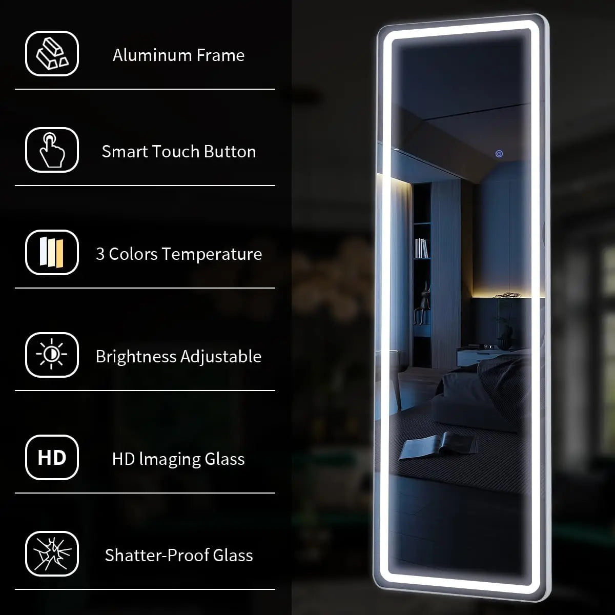 60"x16" Full Length Mirror with Lights,LED Mirror Full Length,Lighted Floor Mirror with Stand,Full Body Mirror with Dimming & 3