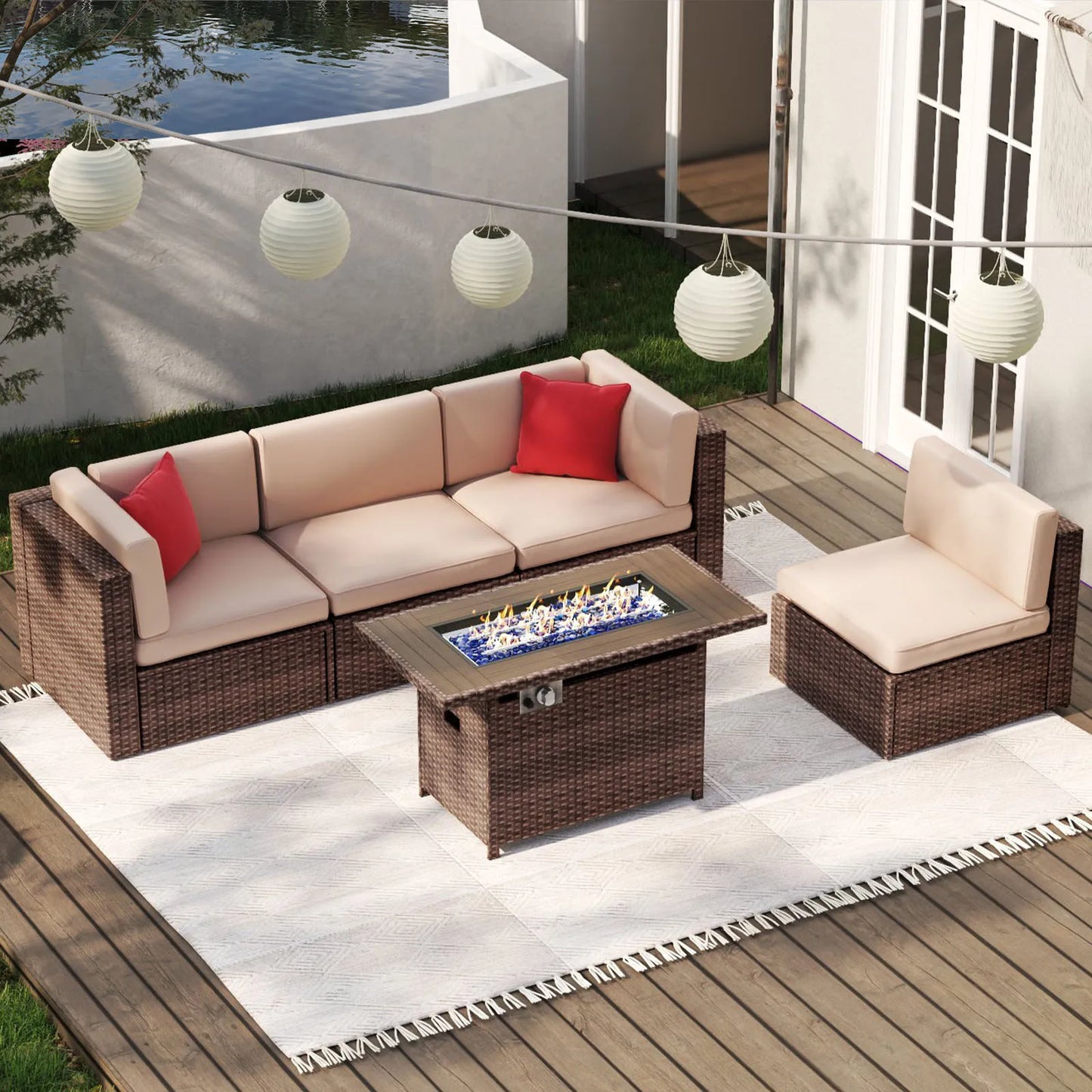 Aoxun Patio Furniture Set 5PCS Wicker Rattan Conversation Set Outdoor Sectional Sofa Set with Coffee Table (Brown)