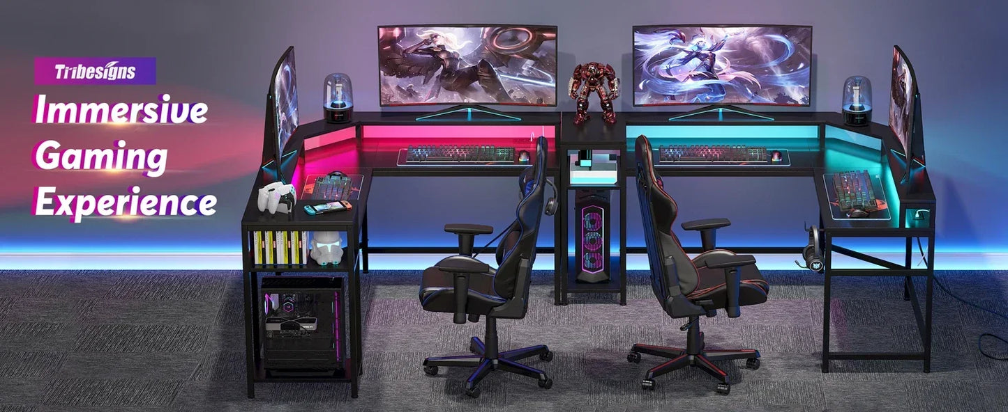 Tribesigns Black Gaming Desk with Power Outlets & LED Strips, L-Shaped Computer Desk with Storage Shelves, Writing Desk