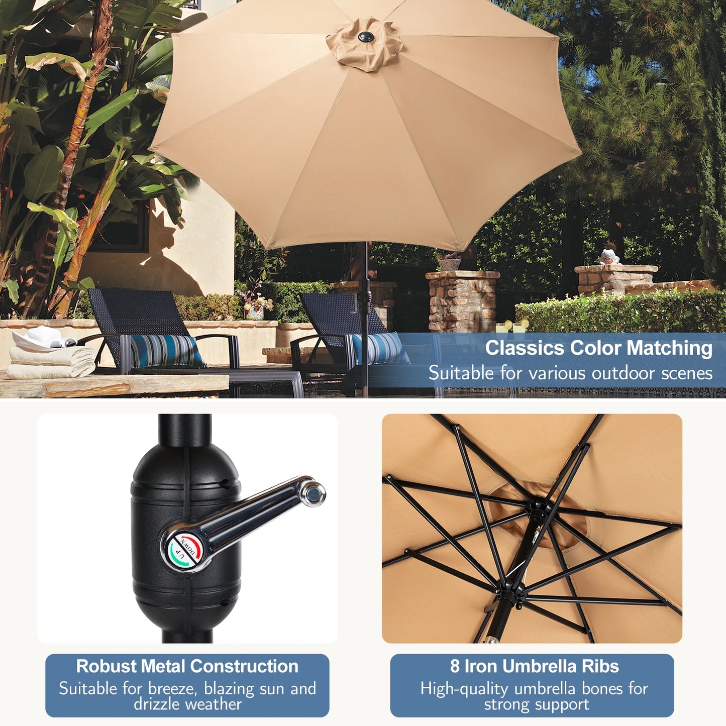 JHK Outdoor Patio Umbrella UV Protection For Garden Sturdy Structure All Weather Outdoor Umbrellas For Backyard Pool Holidays