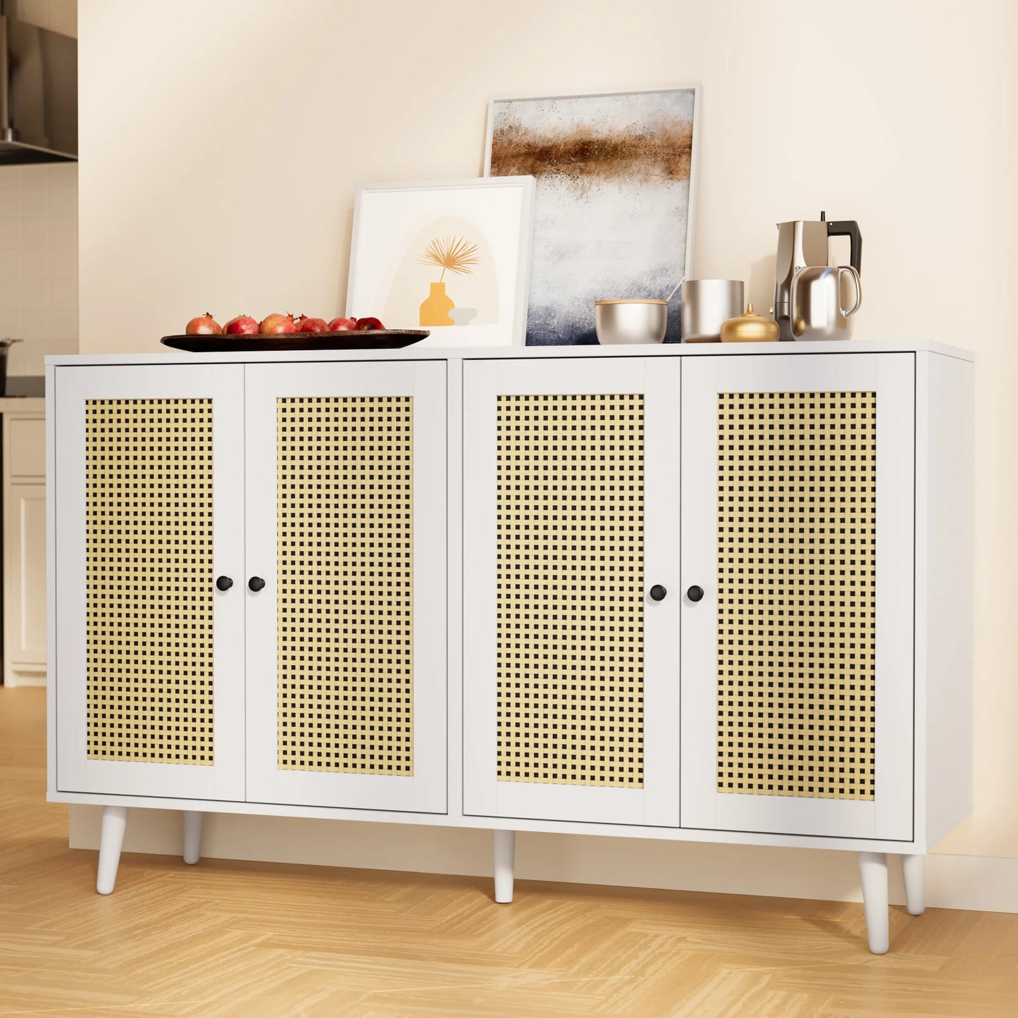 Rattan Buffet Cabinet with Storage, Accent Sideboard Cabinet with 4 Rattan Doors, Storage Cabinet for Living Room, Kitchen Room